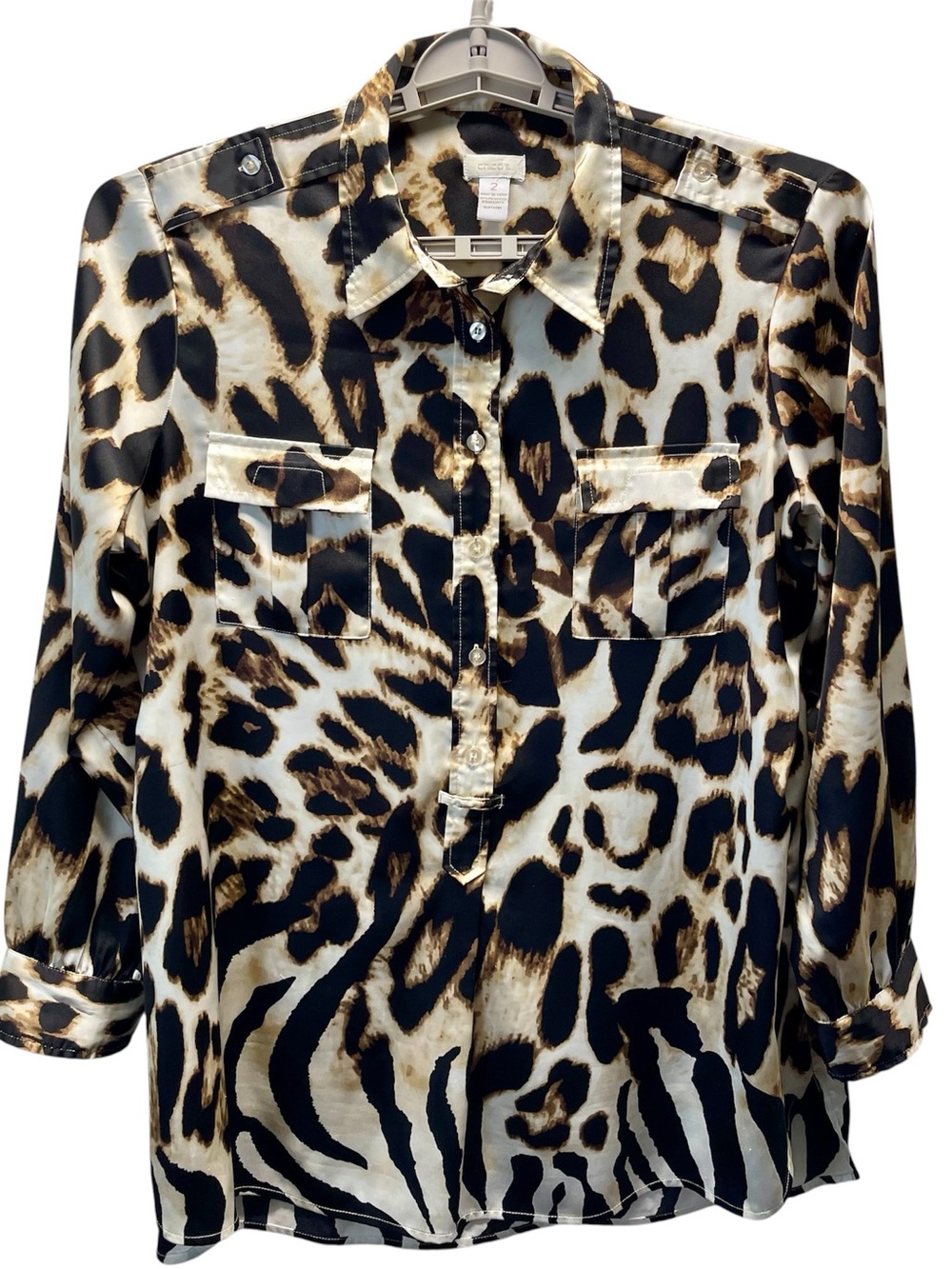 Chico’s Woman’s Size 2 Leopard Print Button-Down Blouse Dual Flap Pockets